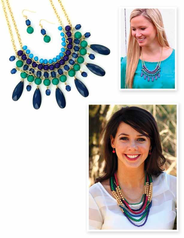 JS0105 $34 Kelly Green and Navy fringe bead on gold chain necklace and earring set 20-23. Earrings hang 1 ¼.