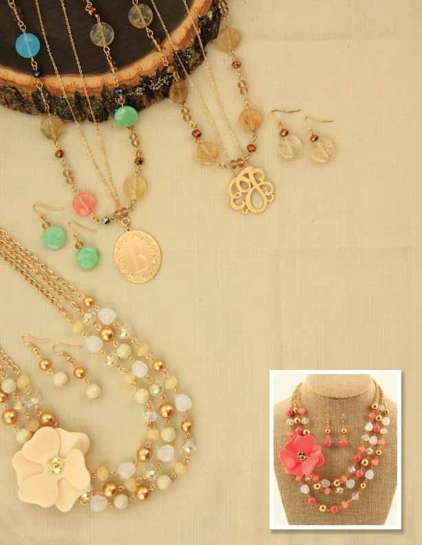 g. g. Natural Elegance a. a. c. d. b. a. JS0098-(specify color) $28 Natural stone and faceted bead necklace and earring set, Earrings hang 2-0100 Multi, -0200 Neutral b.