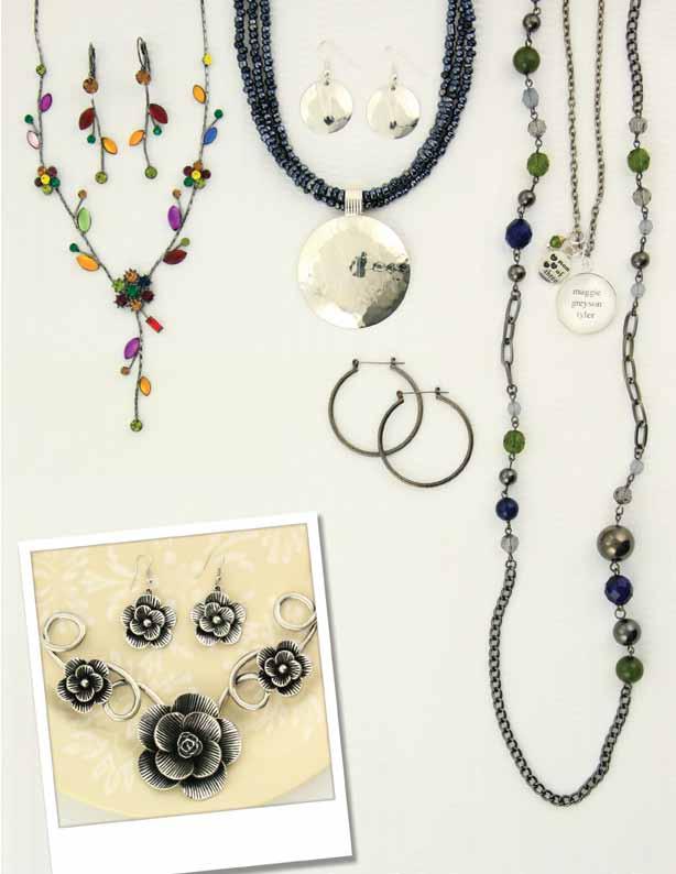 l. A Favorite m. k. o. p. n. n. JE0146 $14 brushed hematite metal hoop earrings 1 ½ q. o. JN0585 $29 Navy, emerald, and gray bead layering accent necklace 44 p.