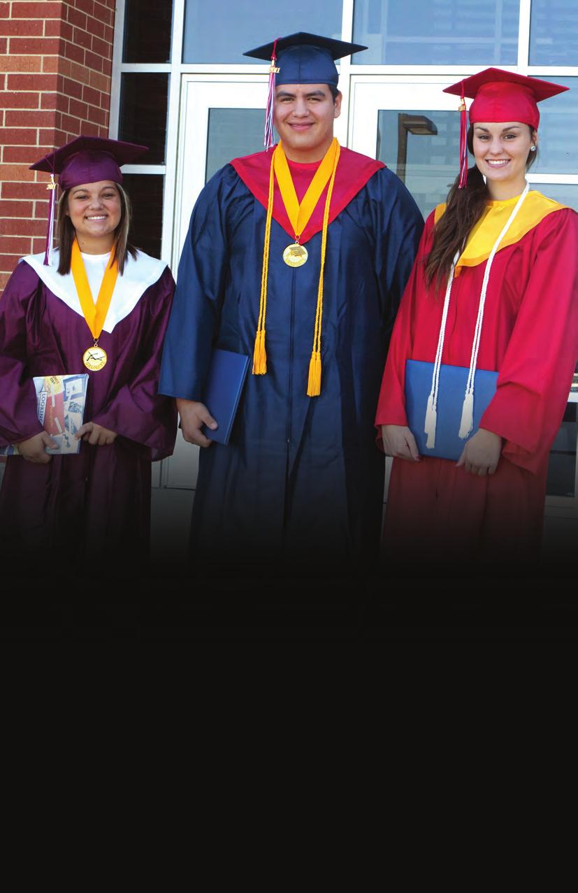 Shown from left to right: Maroon Cap & Gown with a White V-Hood, Honor Medallion and Senior Album.