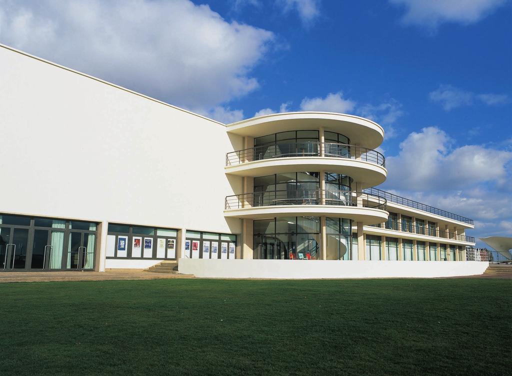 The De La Warr Pavilion is a Modernist icon for contemporary arts next to the beach in Bexhill on Sea.
