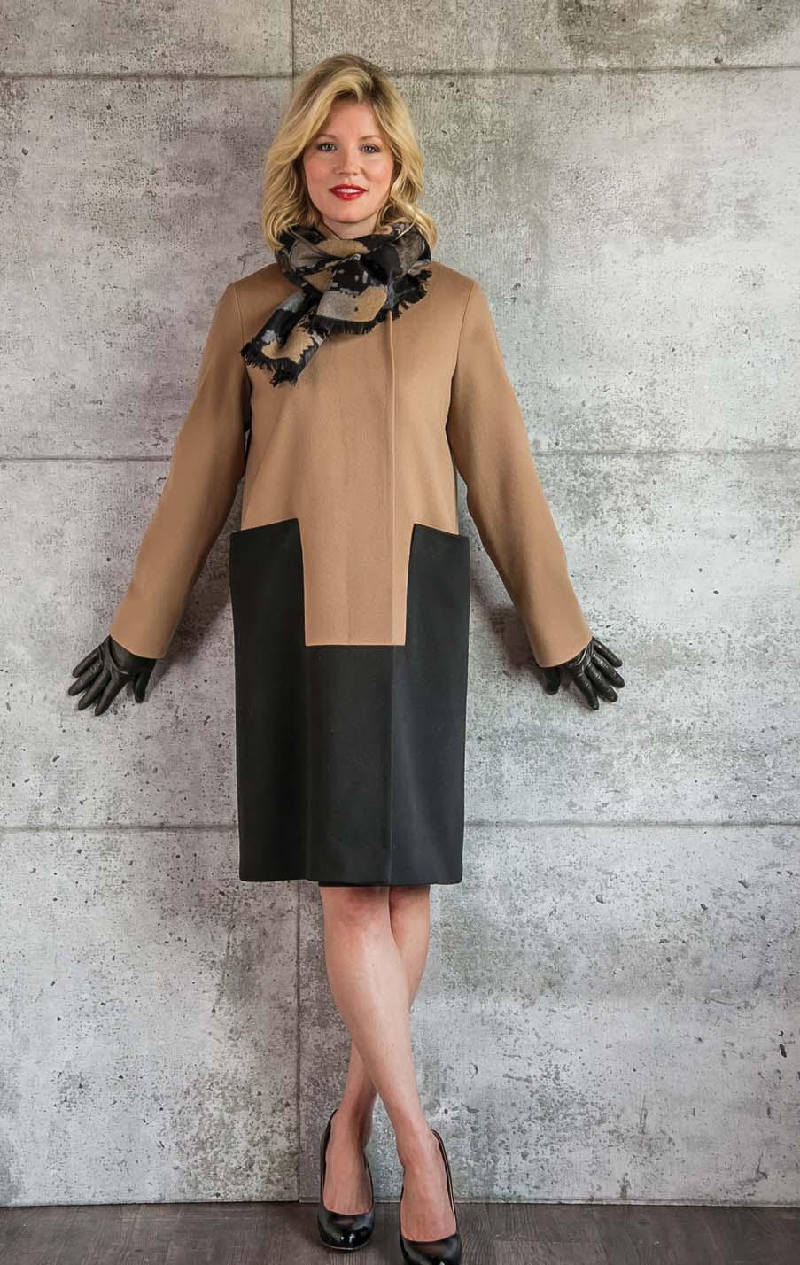 BARRINGTON S superfine wool colour-block coat. Camel/black only. $1095 Made in Canada!