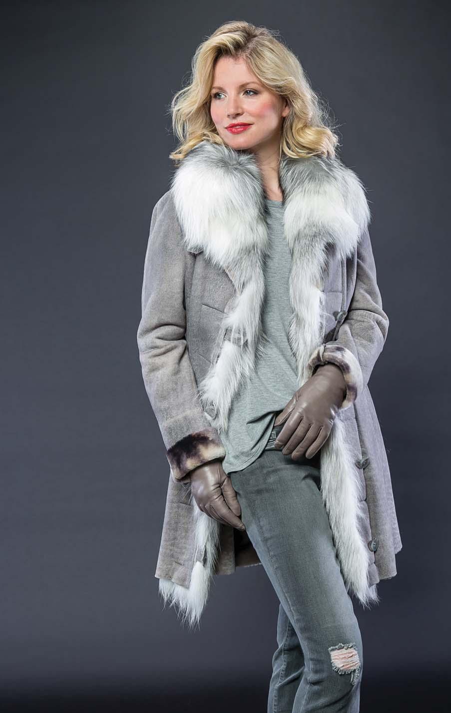 HISO vintage marble shearling with silver fox trim. Alabaster only.