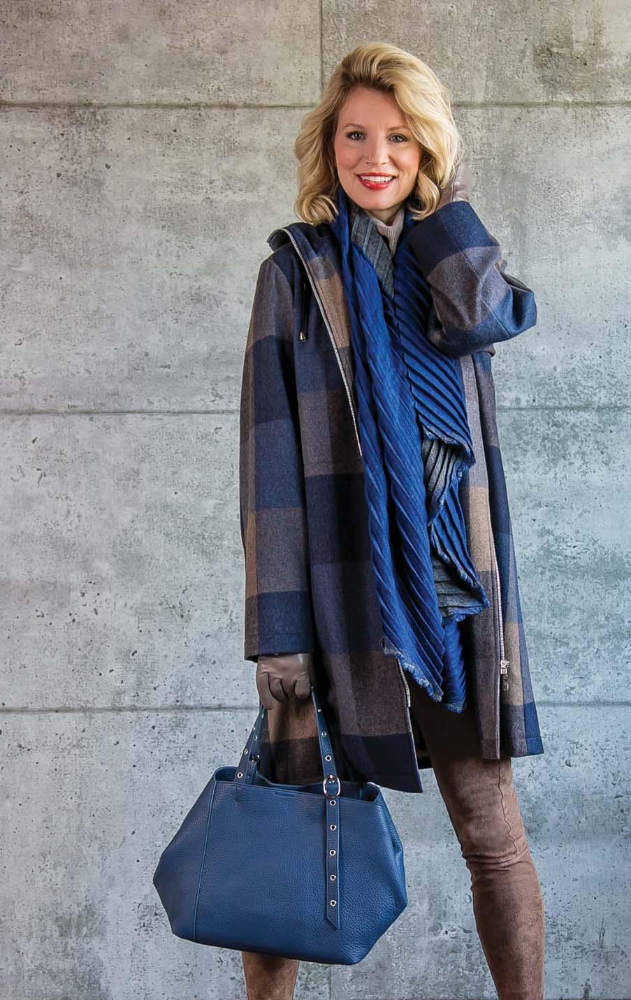 PRET POUR PARTIR OF PARIS large check hooded topper. Blue/taupe only. $695 CHRISTOPHER KON convertible leather tote bag. Denim, black, taupe.