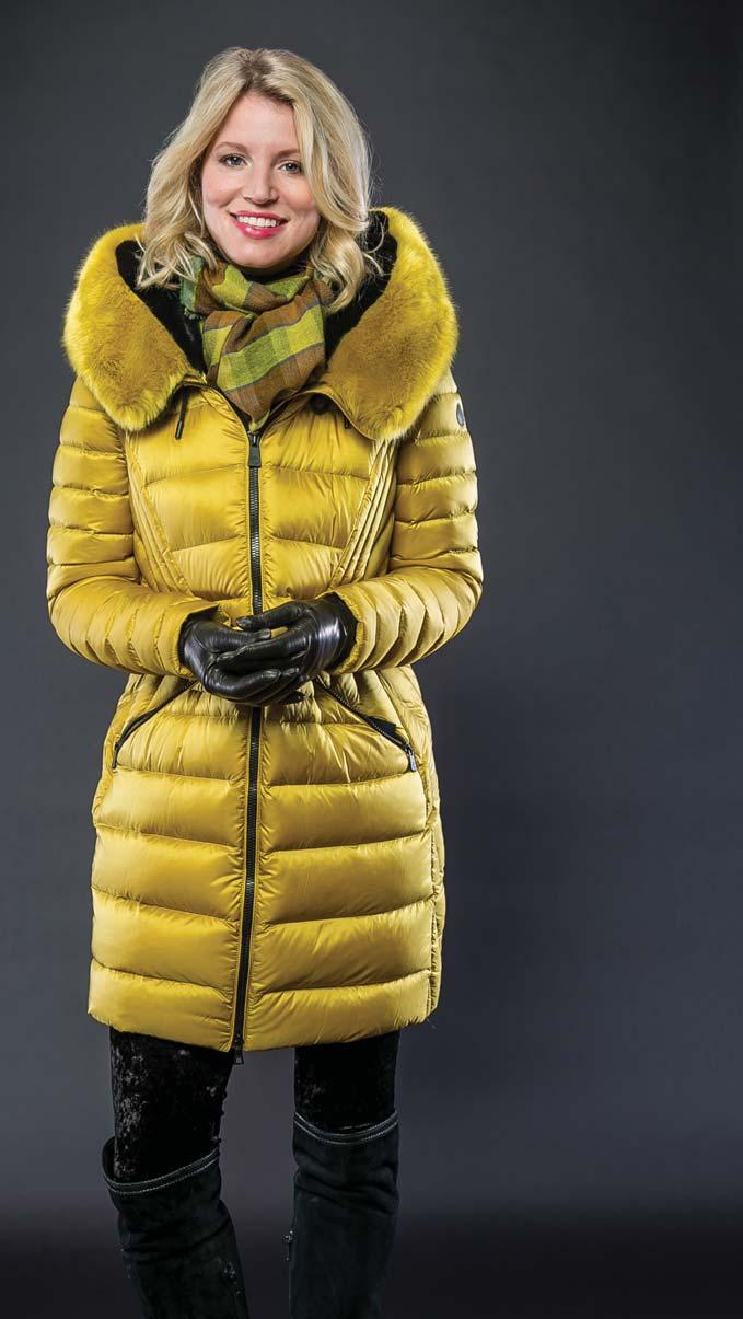 CREENSTONE down filled coat with velvet lined hood. Gold only. $795 TRAITS wool plaid scarf. Green only.