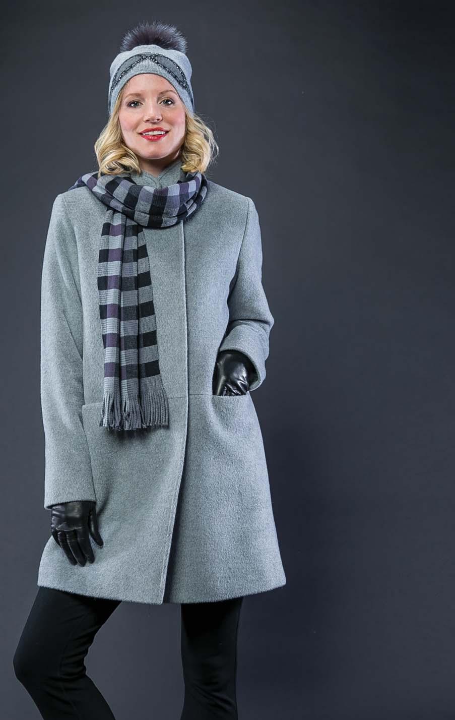BARRINGTON S mandarin collar coat with horizontal pockets. Grey, beige. $785 Made in Canada! CHELSEY OF NEW YORK wool check scarf. Grey, blue, red.