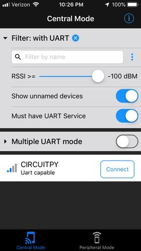 To control the servo and NeoPixels from a client device (phone or tablet), you use the Adafruit Bluefruit LE Connect App (https://adafru.it/ici). Install it from the Apple App Store (https://adafru.
