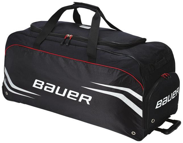 BAGS BAUER Premium Bag Collection KEY FEATURES: Made from strong, durable 500D polyester and polyester dobby fabrics Heavy-duty PVC fabric backing Large "U" shaped top opening External skate pocket