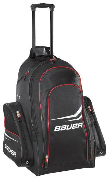 Ventilation grommets at sides allow air to pass through Heavy duty double zippers with BAUER logo pulls Durable grab handle with reinforced stitching Plastic piping reinforce high friction zones