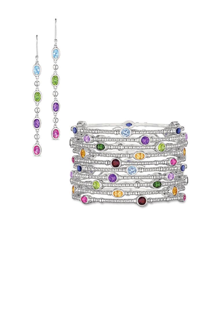 rom the TISTL & Sparkler ollection. Sparkler rop arrings with faceted lue Topaz, Peridot, methyst and Pink Topaz (on Silver ar wire), $250.