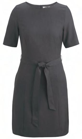 two front pockets and two button closure Dress has jewel neckline, front and back princess seams, back hidden