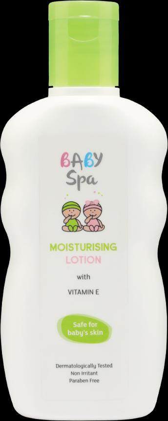 Baby Spa Moisturising Lotion with Vitamin E Rich moisturizing lotion with goodness of Vitamin E gently protects the baby s tender skin against dryness and irritation, leaving it smooth and supple.