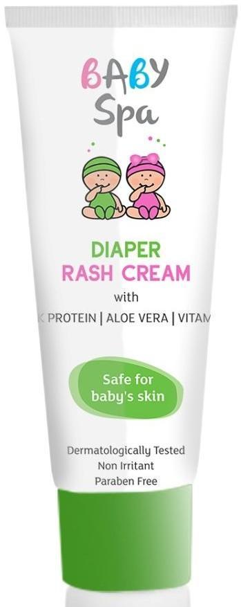 Baby Spa Diaper Rash Cream With Milk Protein, Vitamin E & Aloevera The soothing cream enriched with Milk Protein, Vitamin E, Aloe vera and Zinc Oxide, creates a protective moisture repellent barrier