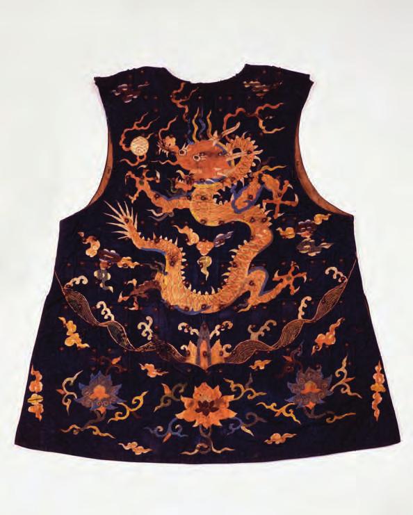 3 A sleeveless, front-opening military jacket, the dark blue cotton exterior embroidered in silk on the front and back with a side-facing, four-clawed dragon chasing a flaming pearl against a