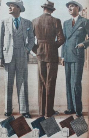 Suits Suits were cut to add the illusion of both height and width. Jackets were long with wide padded shoulders and wide lapels. Double-breasted suit was especially good at adding width.