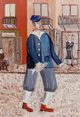 In this painting, I am wearing the unofficial uniform for boys from non-orthodox homes who attended the Polish public school. Only the hat was compulsory.