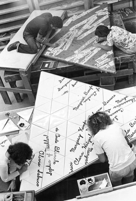 The Dinner Party Workers Painting Names on the Heritage Floor Tiles, 1978.