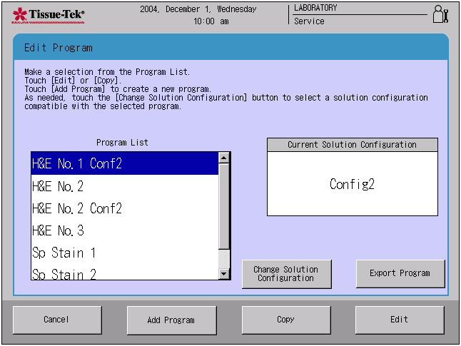 Tissue-Tek Prisma Edit solution programs Name program
