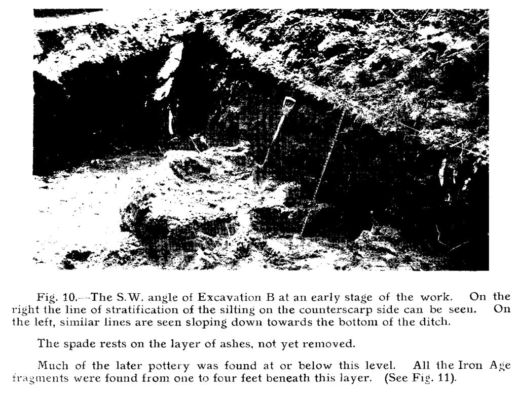 Fig. 10. The S.W. angle of Excavation B at an early stage of the work. On the right the line of stratification of the silting on the counterscarp side can be seen.