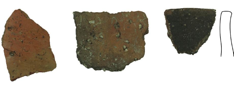 Most numerous are small sherds of dark, greyish or brownish vessels with mostly uneven, but in some cases also with smoothed surfaces.