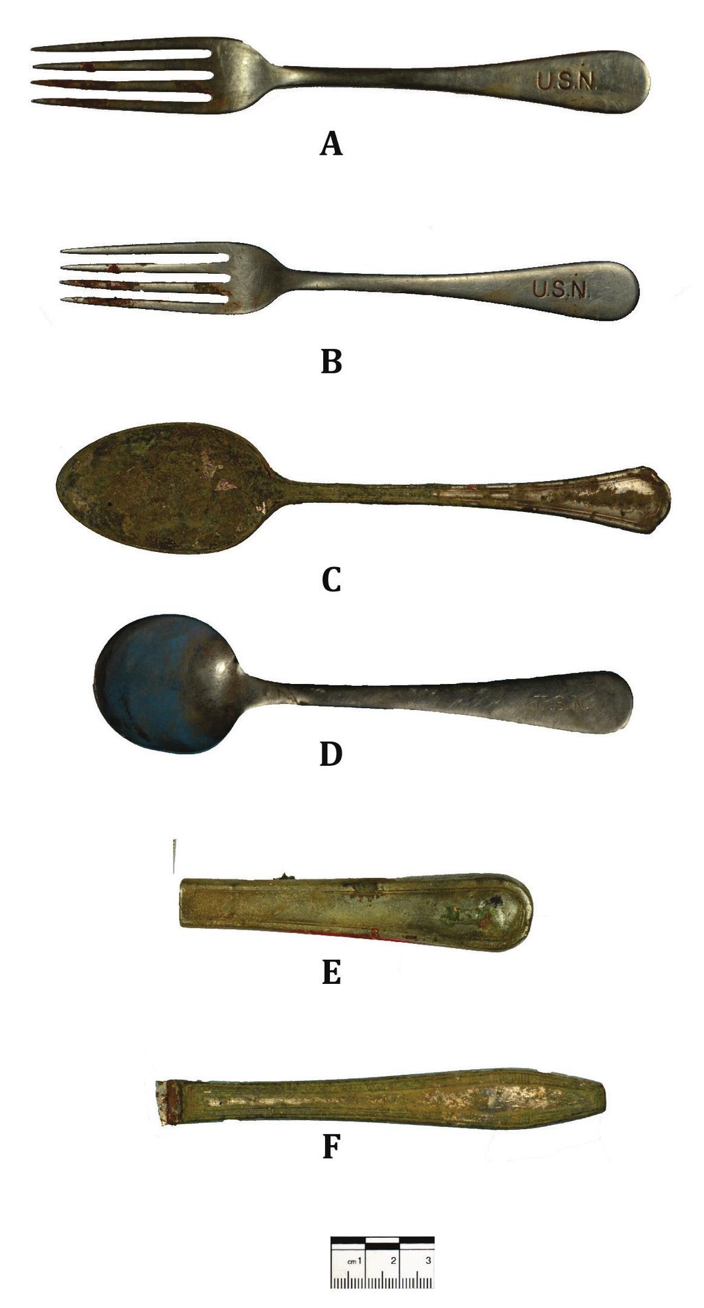 ANALYSIS OF 540R660 Figure 14. Utensils recovered from 540R660. A-B, stainless steel forks for enlisted use, stamped U.S.N. ; B, silver plated oval soup spoon for officers use, stamped U.S.N. ; C, stainless steel round soup spoon for enlisted use, stamped U.