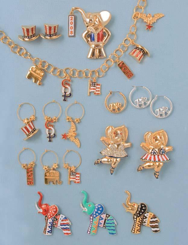 day www.aspendesigns.com Uncle Sam Hat crystals with goldplate ER605 - $7.50 2008 Charming Elephant Pin P604 - $6.75 Republican Charm Bracelet with 6 Charms Crystal, enamel, goldplate B437 - $9.