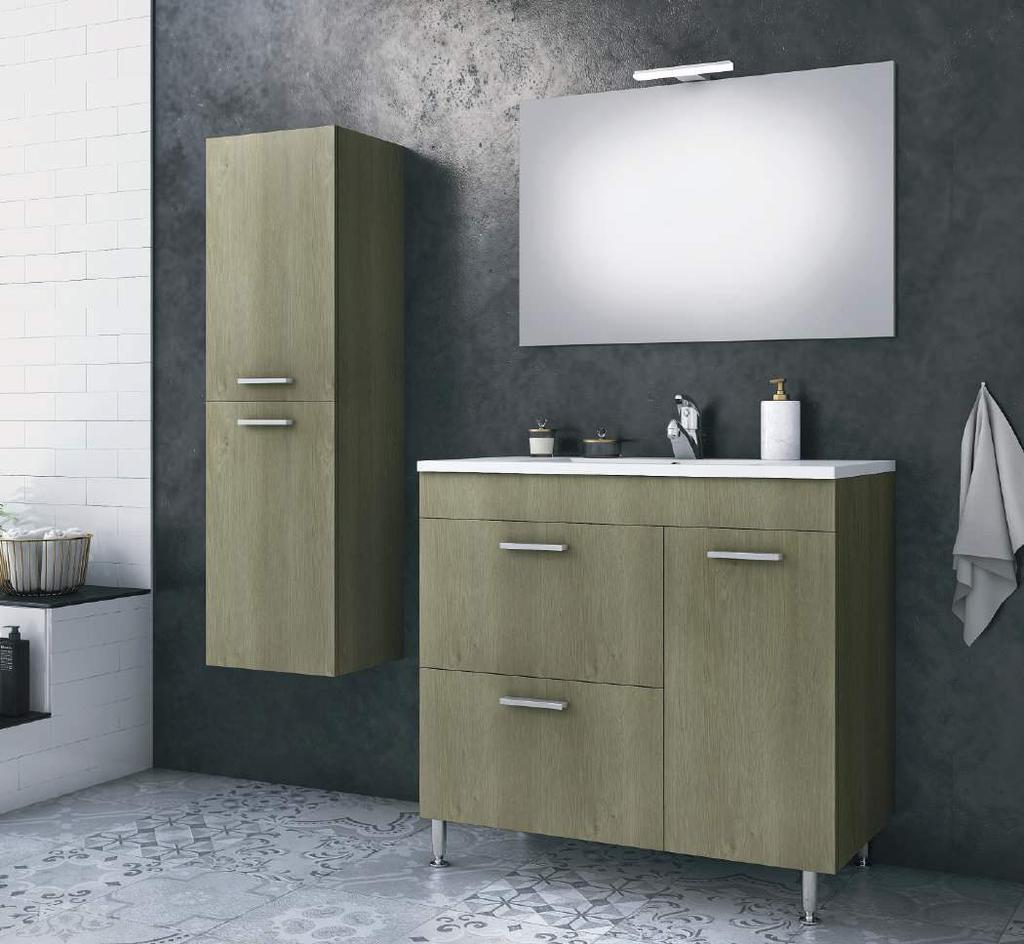 Med 85 Sand Laminated Sand Oak finish L 5FARD85SO * 82x43,5x80 Floor Standing Base Unit - Two drawers & One door 85x45,5x16 Porcelain top 2cm profile & integrated porcelain washbasin