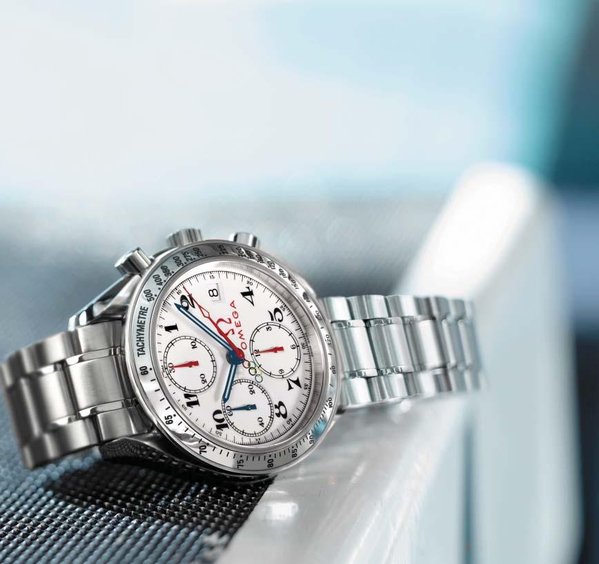 Timeless Collection Speedmaster Date 44 The Speedmaster Date in the OMEGA Olympic Timeless Collection features red chronograph recorder hands and bluedsteel hour, minute and small seconds hands set