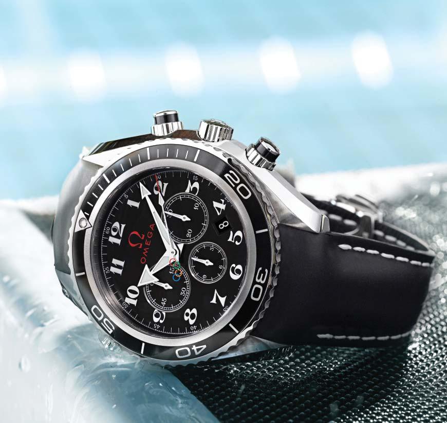 Timeless Collection Seamaster Planet Ocean 50 The Seamaster in the OMEGA Olympic Timeless Collection is a Planet Ocean Co-Axial Chronograph featuring white Arabic numerals, rhodium-plated hour and