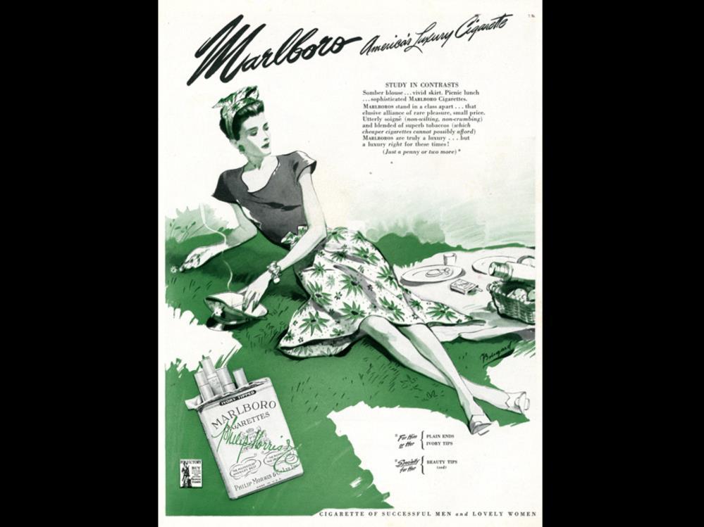 Date: 1944 Brand: Marlboro Manufacturer: Philip Morris Campaign: America s Luxury cigarette Theme: Let s Smoke Girls Key Phrase: Marlboro America s Luxury Cigarette Marlboro, Philip Morris,