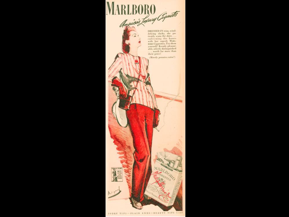 Date: 1943 Brand: Marlboro Manufacturer: Philip Morris Campaign: America s Luxury Cigarette Theme: Let s Smoke Girls Key Phrase: Marlboro America s Luxury cigarette Marlboro, Philip Morris,
