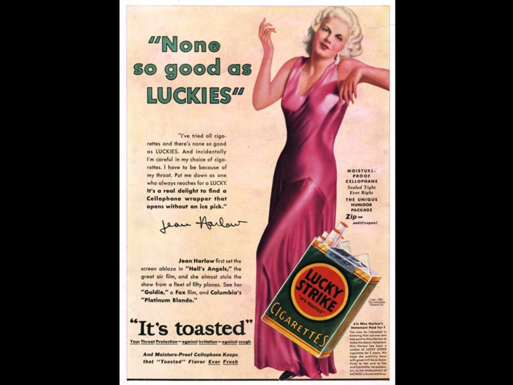 Date: 1931 Brand: Lucky Strike Manufacturer: The American Tobacco Co. Campaign: It s Toasted, They Taste better, Luckies are all-ways ind to your throat.