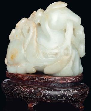 A notable strength is the array of jade and cloisonné enamel, including an 18 th century pale celadon and russet jade deer with a lingzhi spray in its mouth, measuring 4in (10.