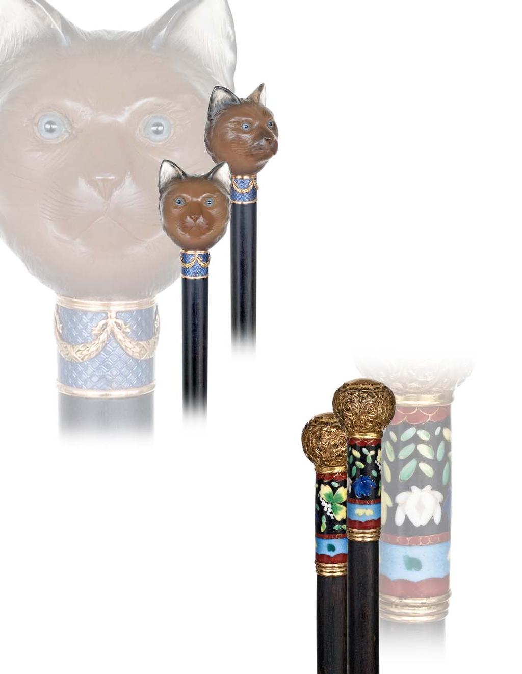 29. Figural Hardstone Dress Cane Viennese, circa 1890-Smoke quartz cat head with an engine turned and translucent blue enameled collar with applied 18 karat yellow gold laurel leaf garlands within