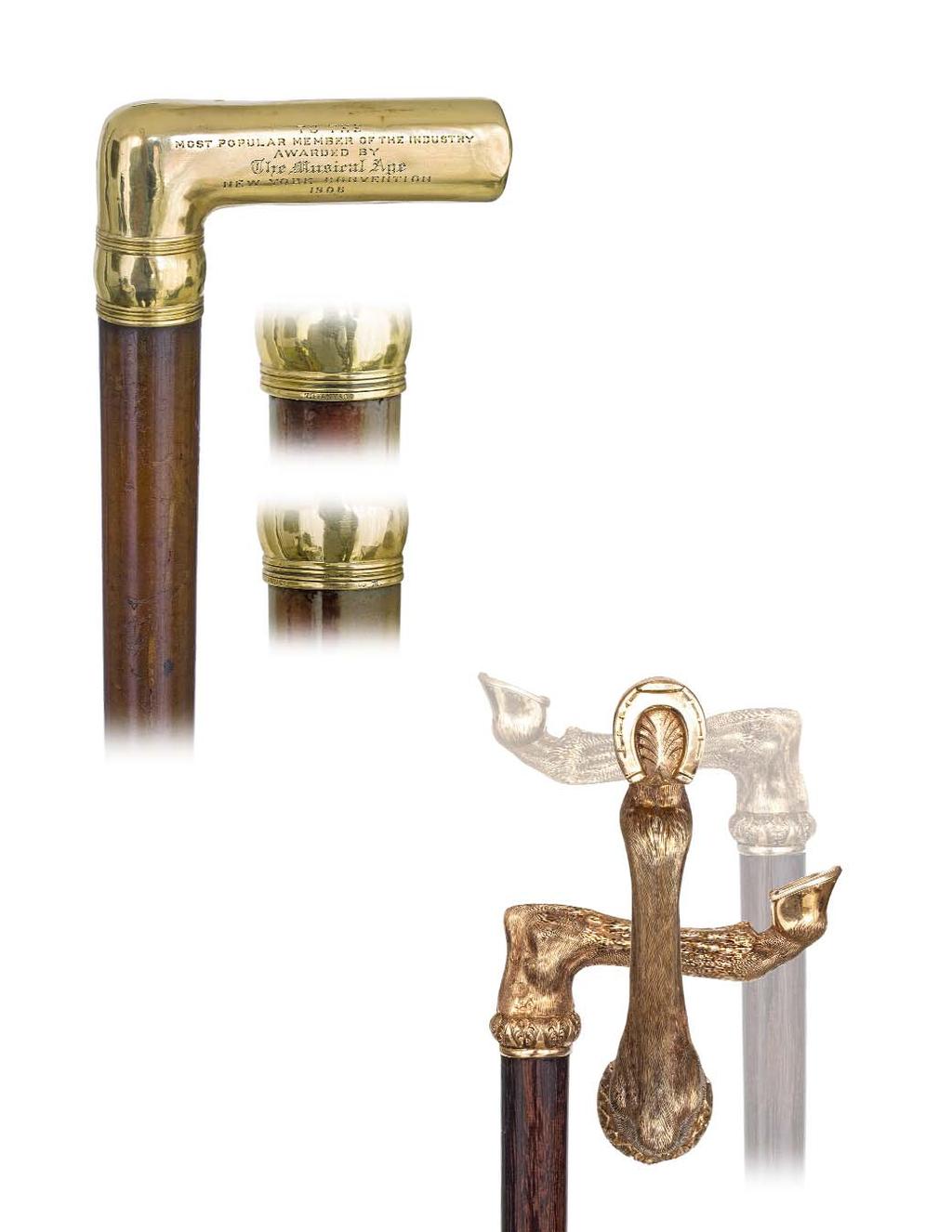 33 33. Tiffany Presentation Gold Cane USA, Early 20th Century-Substatntial L-shaped 18 karat yellow gold handle (over two ounces) on a full bark malacca shaft with a horn ferrule.