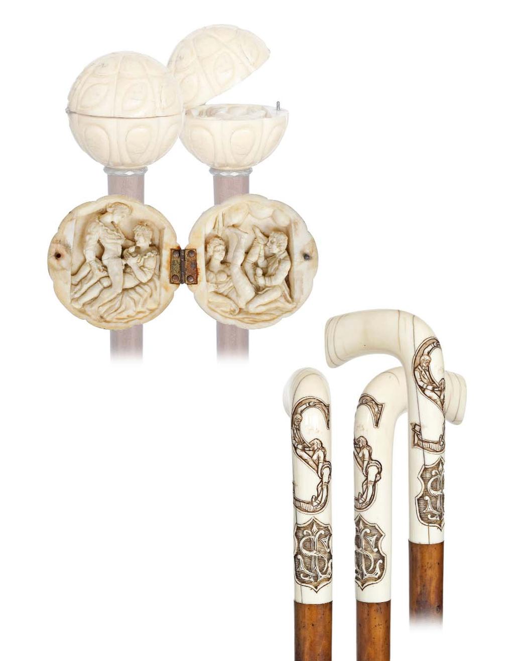 65. Erotic Ivory Ball Cane Ca. 1880-This is one of the best carvings that we have seen in this style.