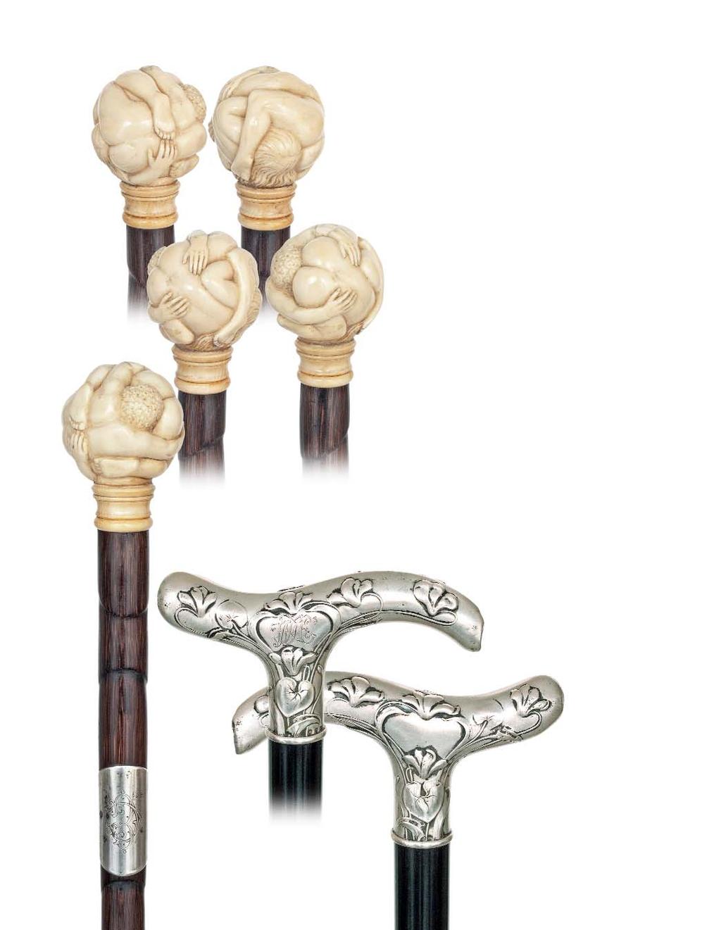 69. Ivory Erotic Cane French, late 19th Century-Ivory ball carved with a naked couple twined together in an erotic embrace on a stepped partrige shaft with personalized, wrapping silver collar and