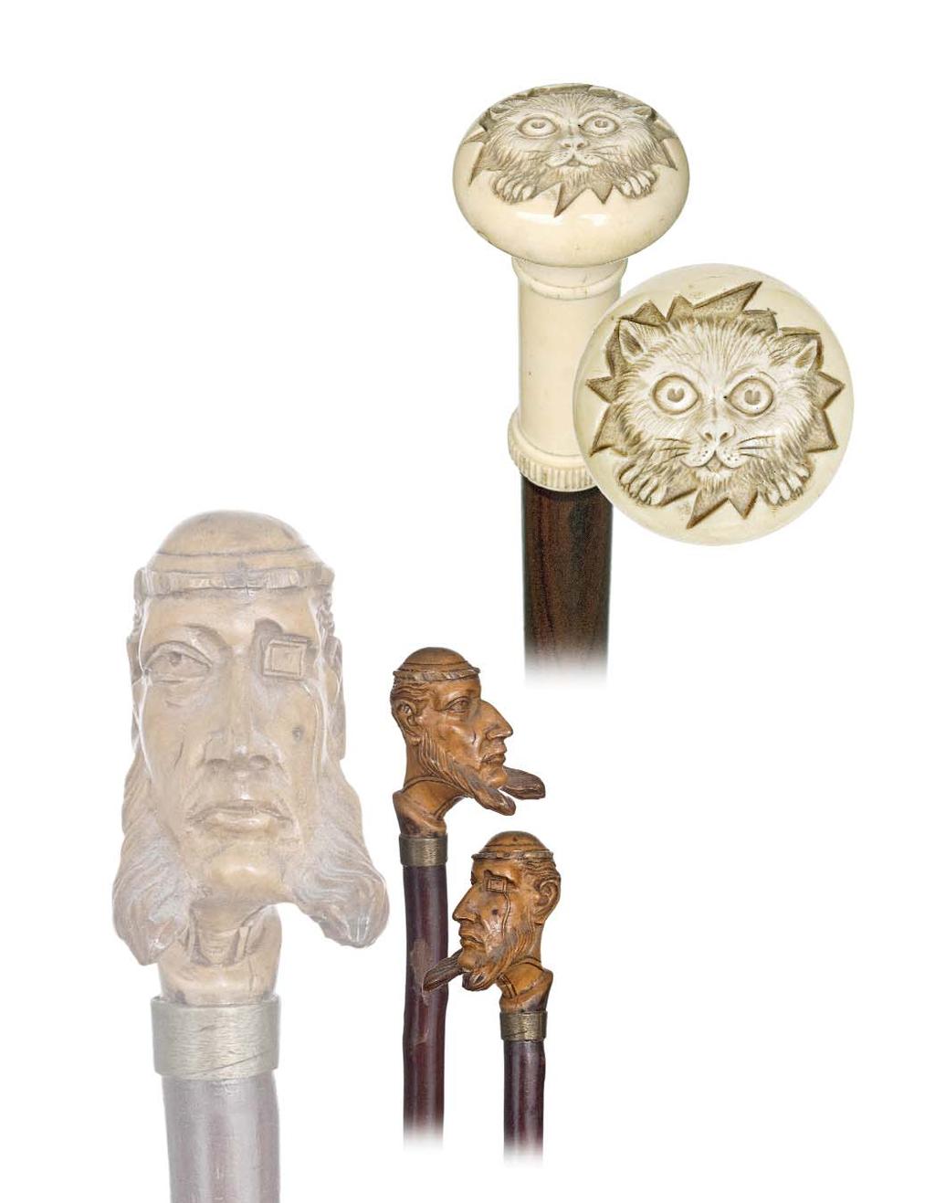 75. Ivory Cat Cane Late 19th Century and most likely English-Substantial ivory handle carved with a charming cat portrait inspired by the drawings of Louis Wain, rosewood shaft and a horn ferrule.