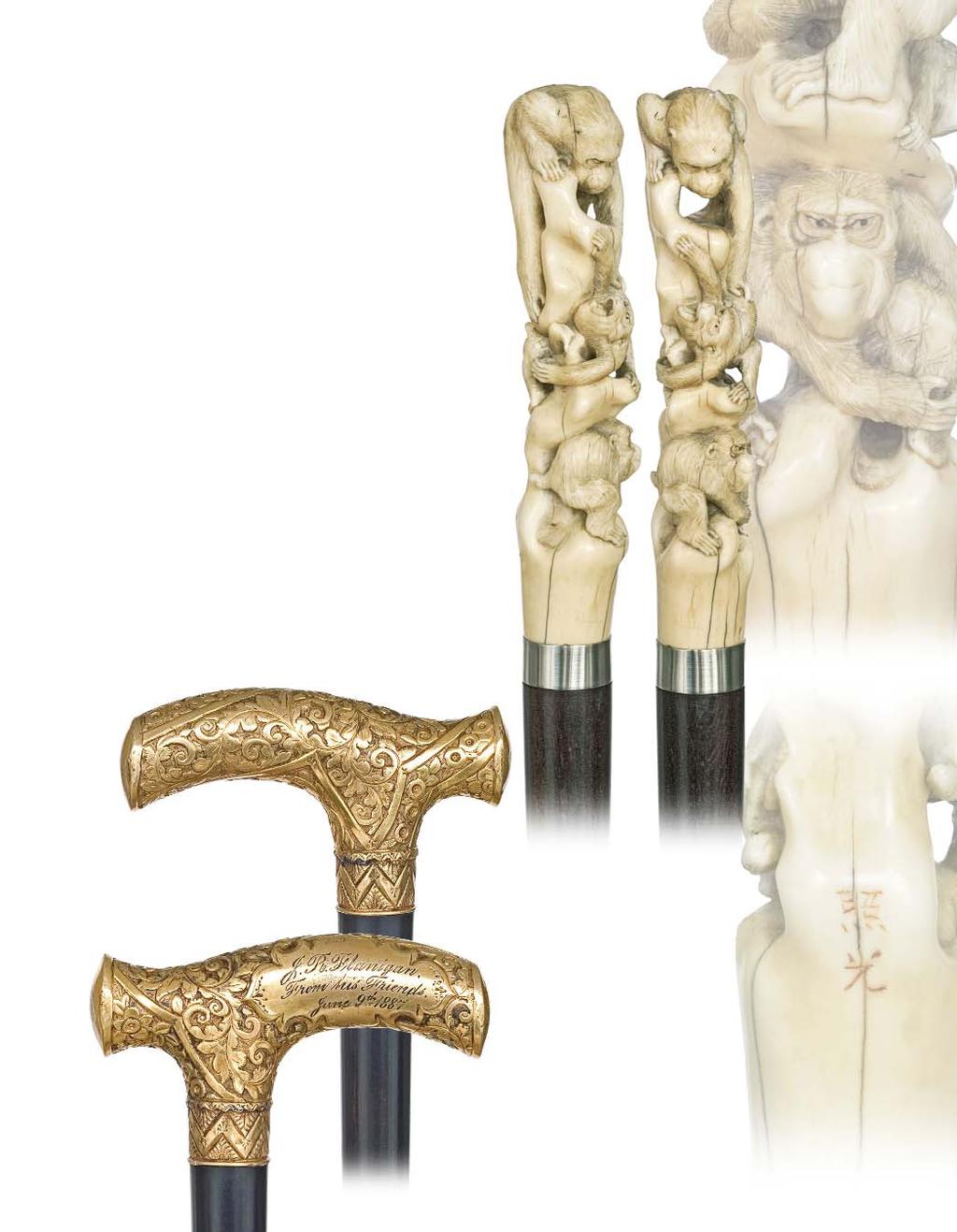 91. Japanese Ivory Dress Cane Circa 1890-A very large and straight Japanese export elephant ivory handle carved with a composition of four monkeys and a turtle on a rock.