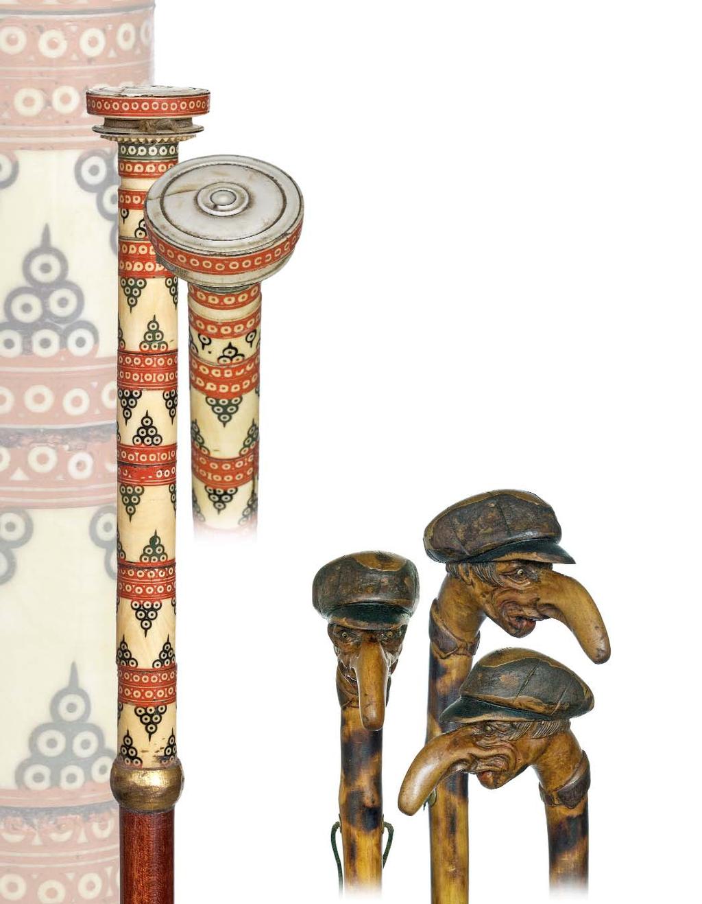 109. Ivory Dress Cane Anglo-Indian 19th Century-Very decorative straight segmented ivory handle with a beautifully turned knob profusely decorated with red, green and black lacquer inlay.