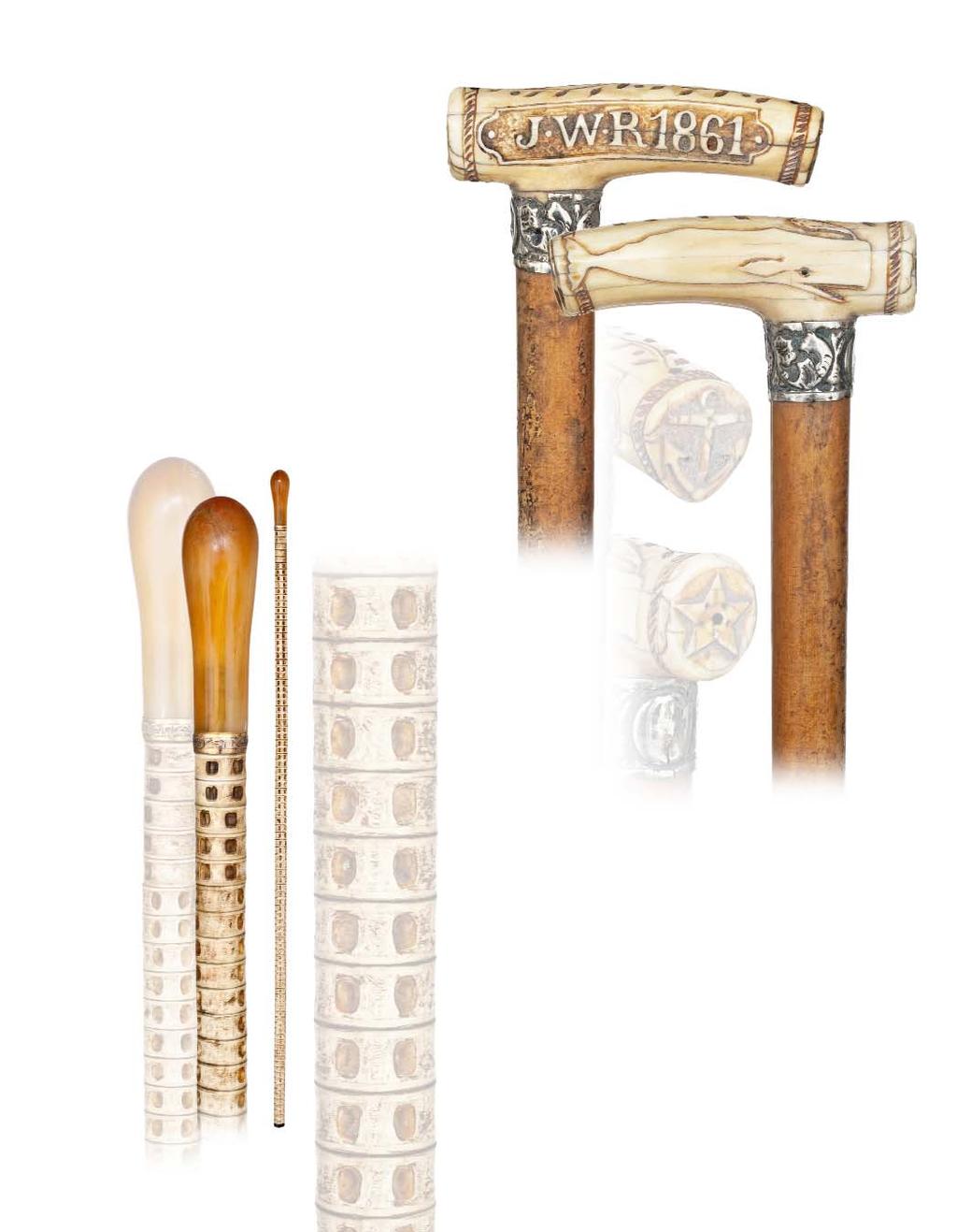 7. Commemorative Marine Cane Dated 1861-Ivory handle in classic Opera shape carved with a whale on one side and a shield inscribed J.W.R 1861. on the other.