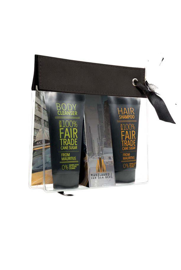 Fair trade set I 3350 description 30 ml fair trade shower gel and 30 ml fair trade shampoo in a luxury cosmetic bag size 15 x 3,2 x 13,5 cm printing full colour printed card delivery time approx.