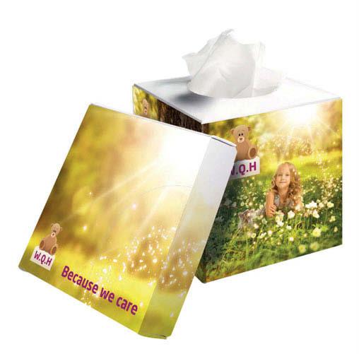 4 weeks after digital approval description square tissue box filled with 100 tissues size 11 x 11 x 12 cm printing full colour all over delivery time 