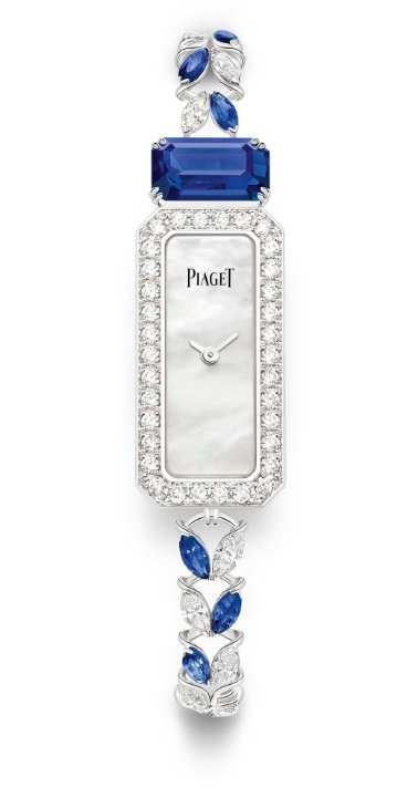 Exalting Sights Blue Moment Watch Case in 18K white gold set with 34 brilliant-cut diamonds (approx. 1.05 ct) Dial in white mother-of-pearl Piaget Manufacture 56P Quartz Movement Bracelet set with 1 cushion-cut sapphire from Madagascar (approx.