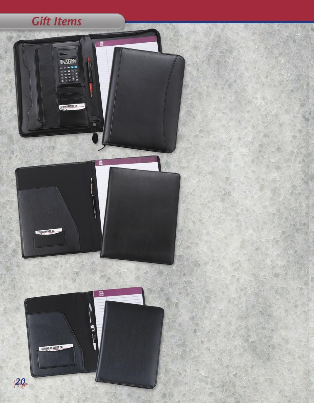 Zipper Portfolio 91000 This bonded leather zippered portfolio includes a solar powered calculator, front cover pocket, pen loop, 8 1/2" x 11" pad, large gusseted pocket, zippered pocket and four card