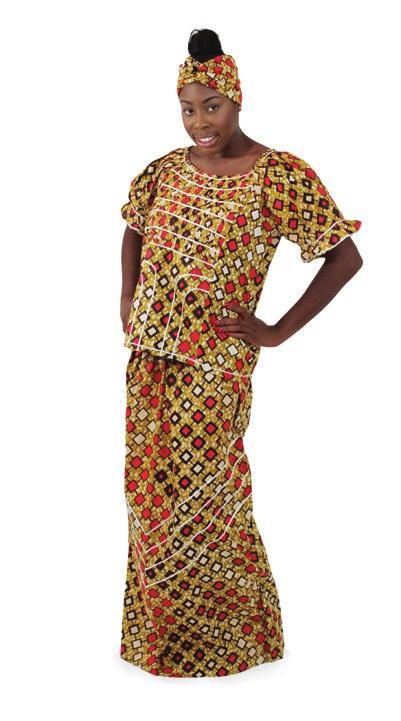 4 African Print Skirt Set: Mustard113 Blouse has zipper on back and skirt is adjustable with straps.