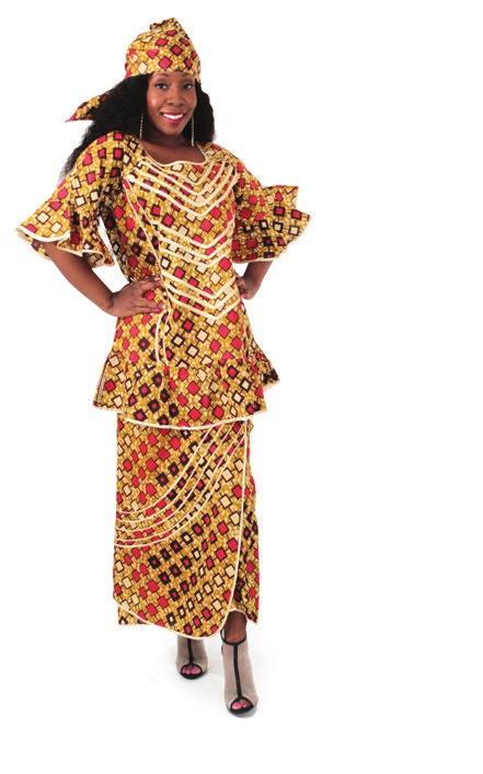 90 African Print Skirt Set: Yellow 100% cotton. Comes with head scarf and a wrap skirt.