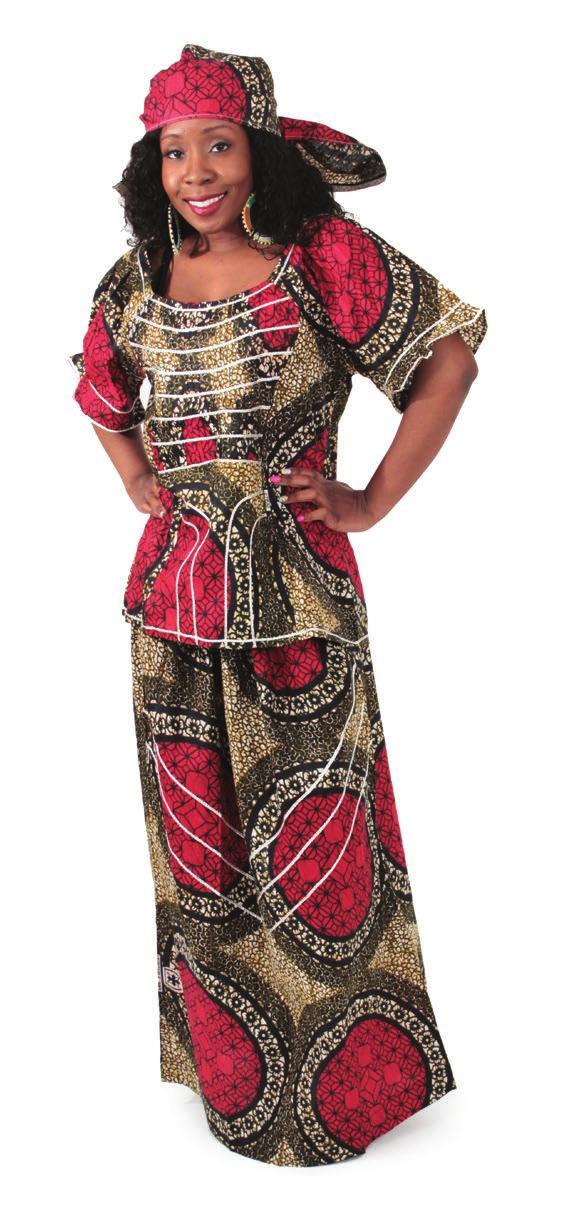 90 African Print Skirt Set: Nat/Blk/Red 100% cotton. Comes with head scarf and a wrap skirt.