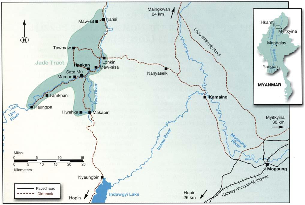 Figure 2. Hpakan is the center of the jadeite mining district (or central Jade Tract) in north-central Myanmar.
