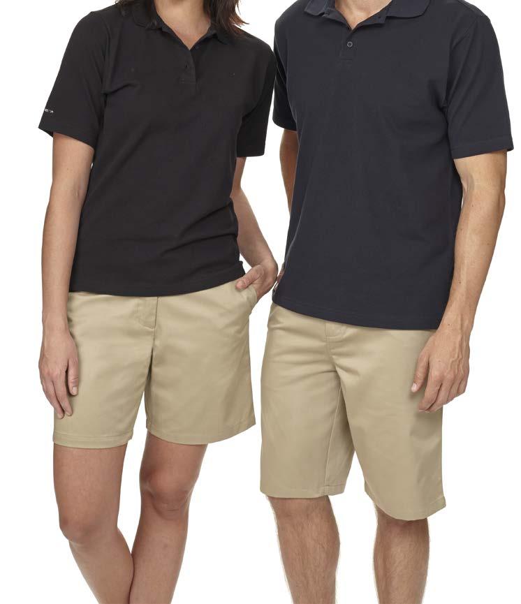 SHORTS GL8600 MEN S DRESS SHORT > > 65/35 Polyester/Cotton Twill Weave 240GSM > > Front angle pockets with 1 back jet pocket with button closure > > Front coin pocket > > Zip fly closure > > LIne 7